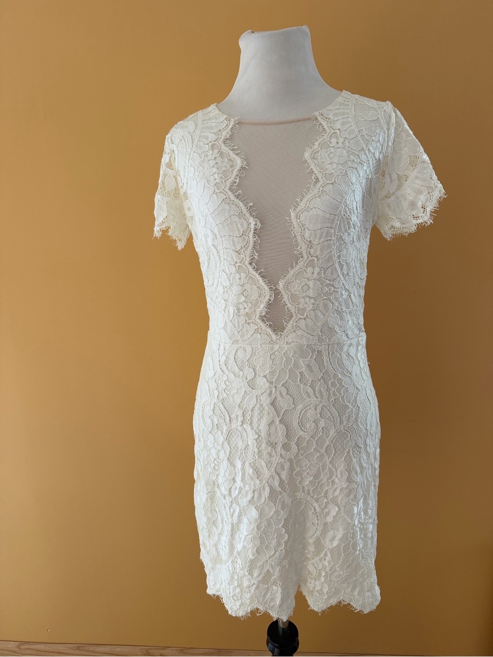 Storia Beyond Words Off White Lace Mini Dress L illusion neckline banquet bridal